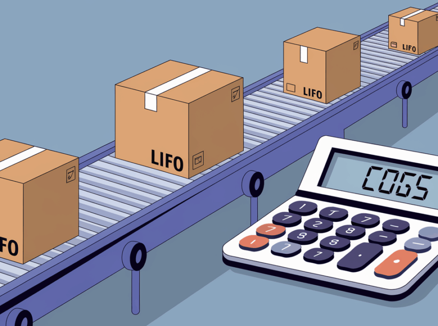 A conveyor belt with boxes labeled "FIFO" and "LIFO" leading to a calculator displaying "COGS".