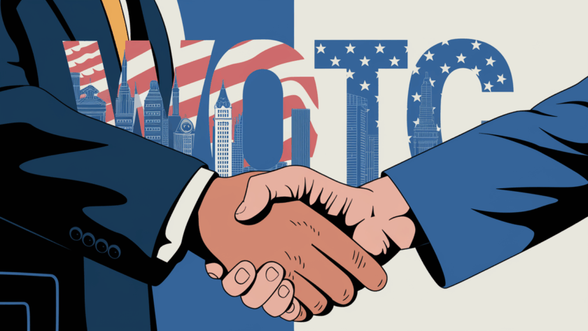 A stylized illustration of a businessperson shaking hands with a veteran, with "WOTC" overlaid.