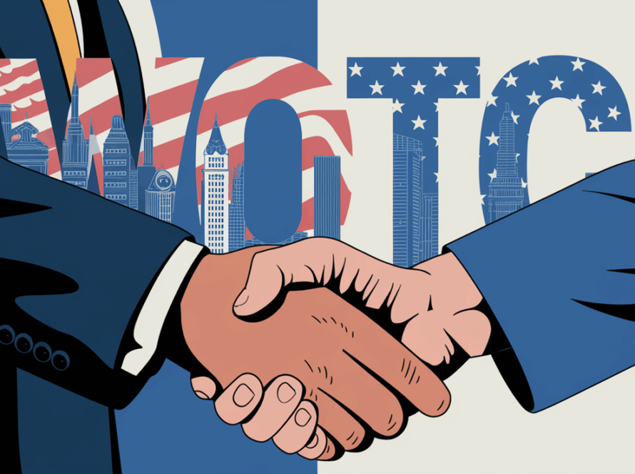 A stylized illustration of a businessperson shaking hands with a veteran, with "WOTC" overlaid.