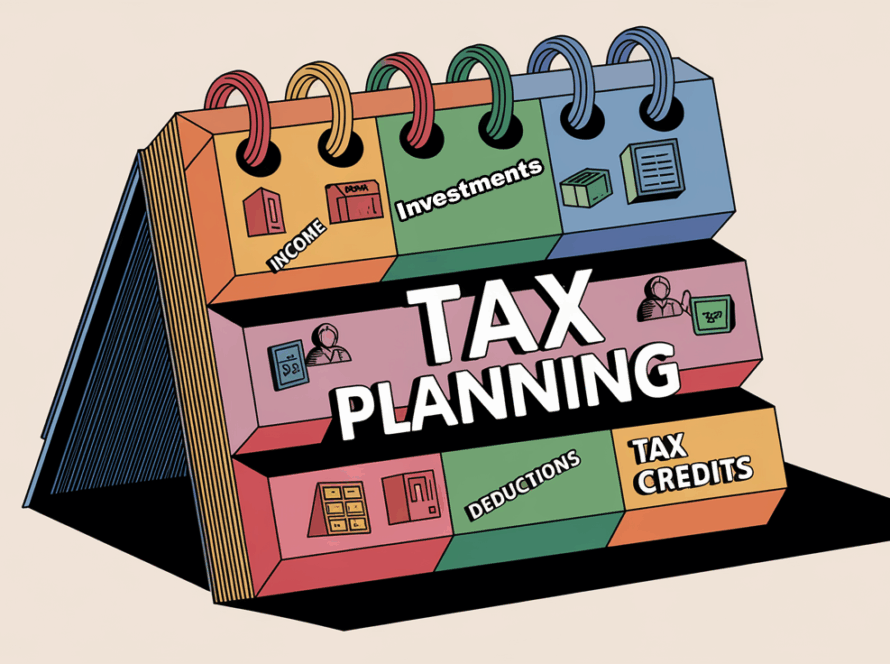 A calendar year with building blocks representing each month, labeled with "Tax Planning" and icons for "Income," "Deductions," and "Tax Credits."