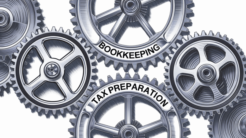 A detailed scientific illustration of interlocking gears labeled with financial tasks.