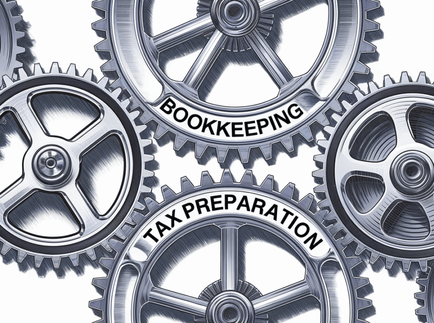 A detailed scientific illustration of interlocking gears labeled with financial tasks.