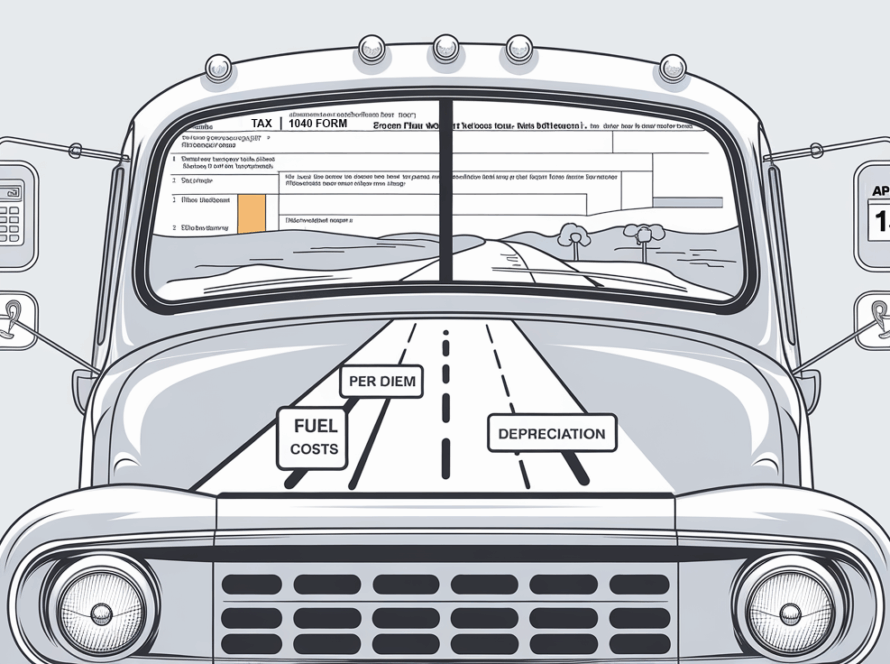 Line art truck with tax form reflection and road milestones for deductions.