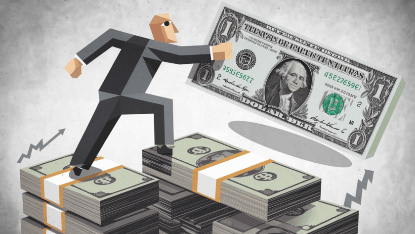 A stylized CEO reaching for a dollar bill atop a stack of money.