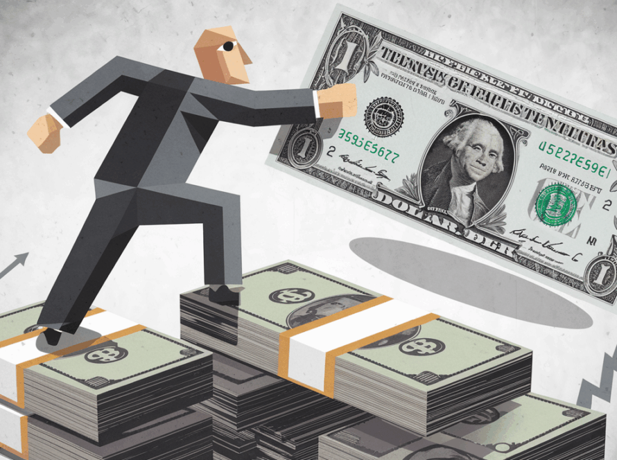 A stylized CEO reaching for a dollar bill atop a stack of money.