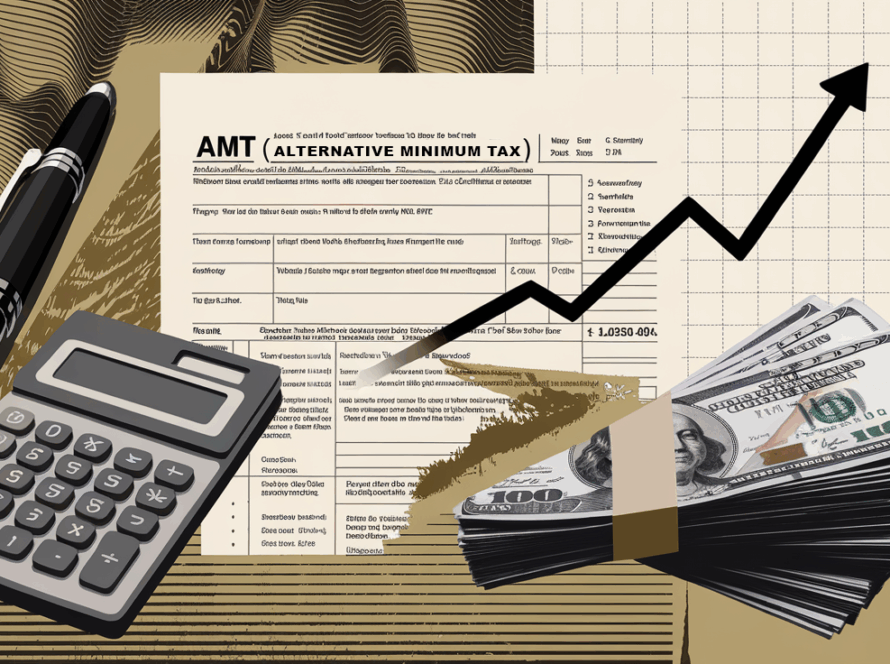 A collage illustration combining various elements related to the AMT, including tax forms, calculators, and money.