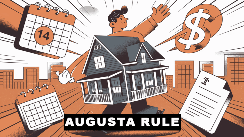 A graphic illustration of a homeowner juggling a house, calendar, dollar sign, and legal documents, representing the complexities of the Augusta Rule.