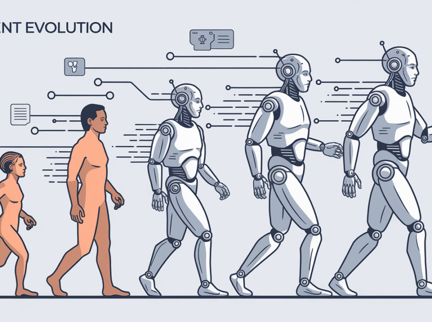 Line art of human evolving into AI agent with 'AI Agent Evolution' text