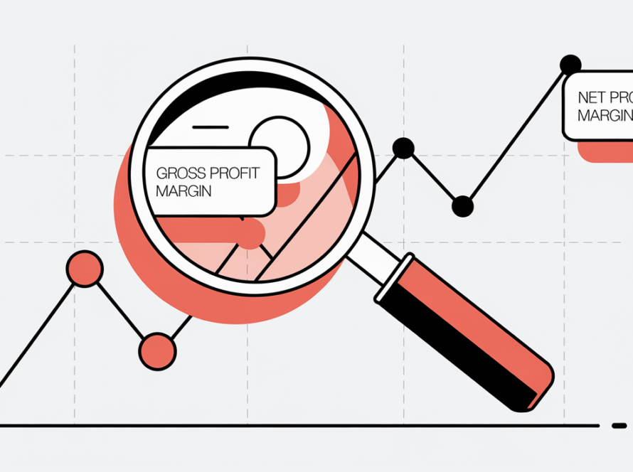A magnifying glass examining a line graph with key performance indicators.