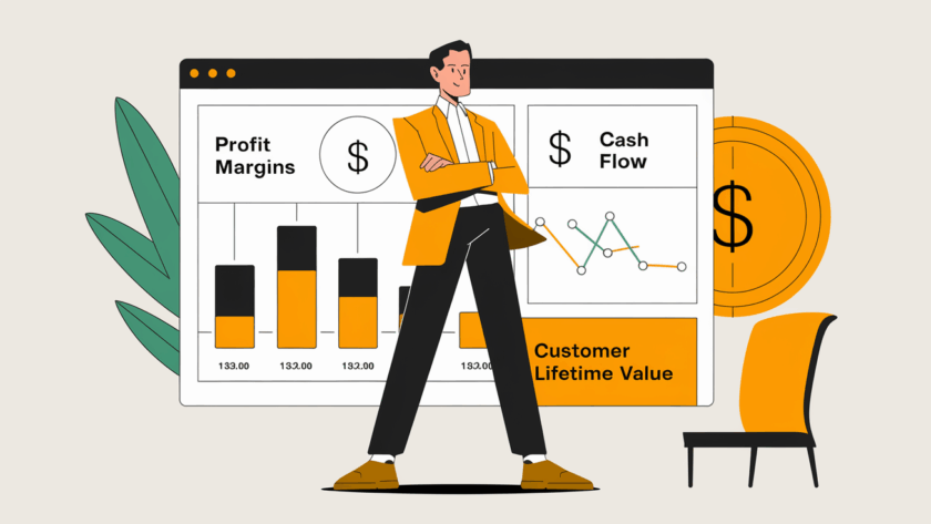 An entrepreneur reviewing a dashboard with key financial metrics.