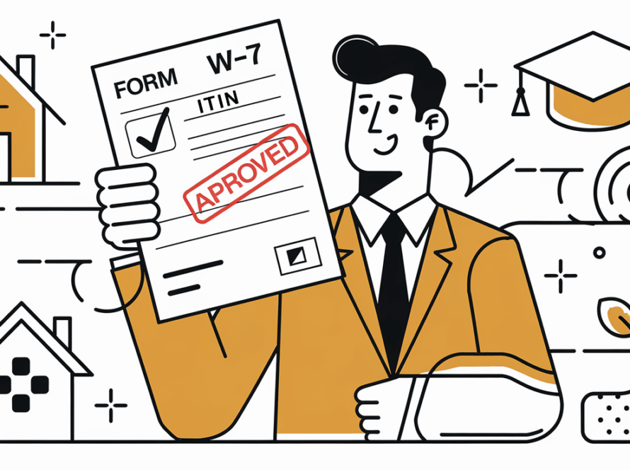 A person holding an approved Form W-7 with symbols of financial success.