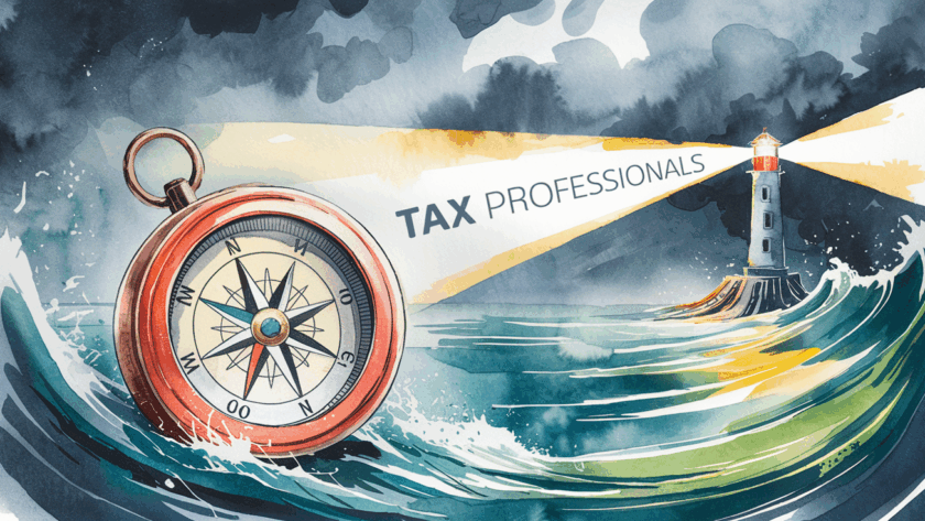 A compass pointing towards a lighthouse in a stormy sea.