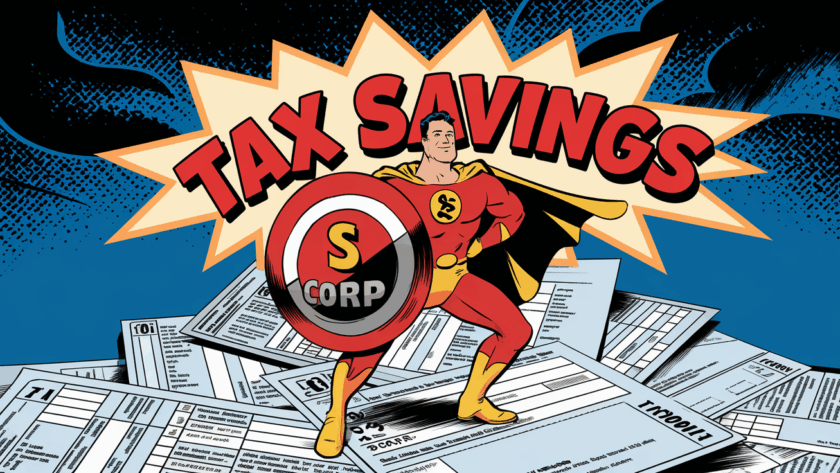 An "S Corp" superhero standing triumphantly on tax forms.