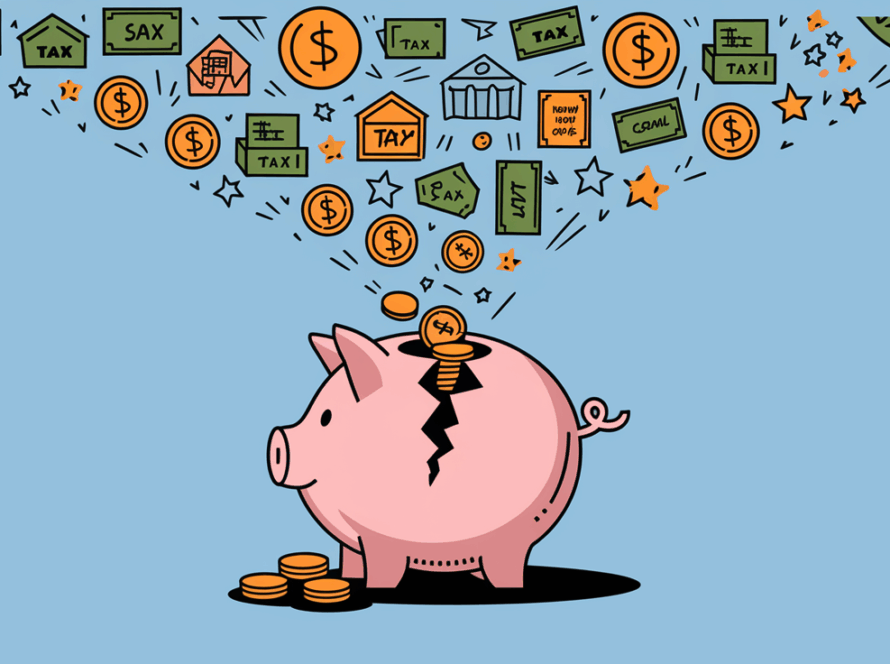 Broken piggy bank with coins falling out and tax icons raining down.