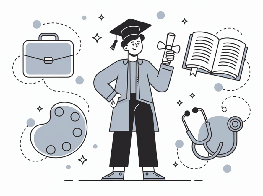 Line art of a young graduate with symbols of various career paths