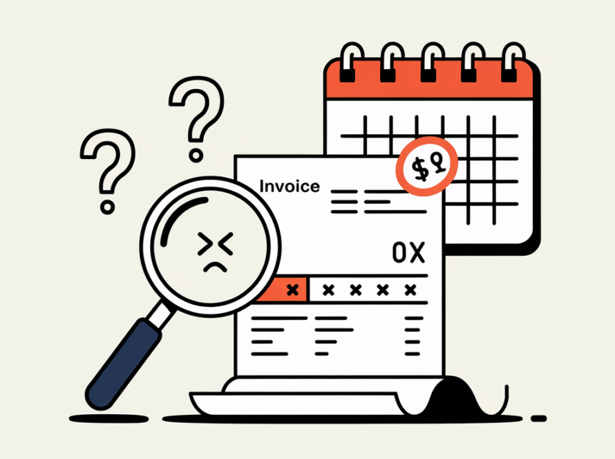 Line art of a magnifying glass inspecting an invoice with errors