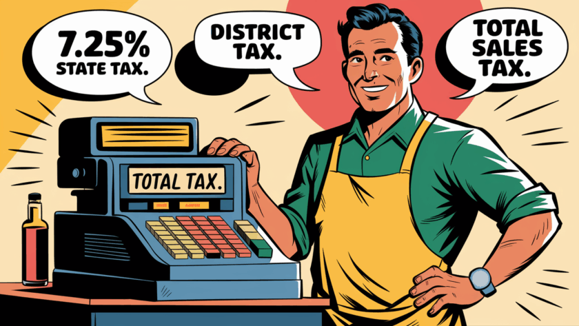A graphic showing a business owner calculating sales tax.