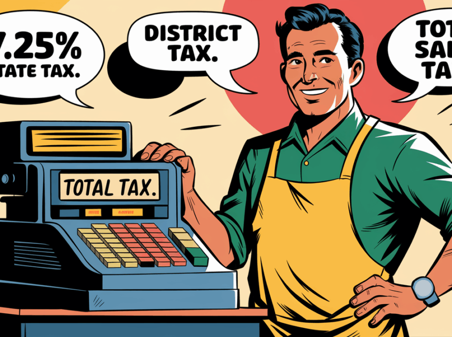 A graphic showing a business owner calculating sales tax.