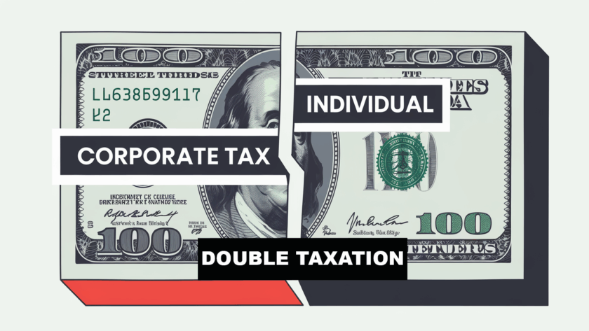 A graphic illustration of a dollar bill split in two, representing double taxation on corporate profits and dividends.