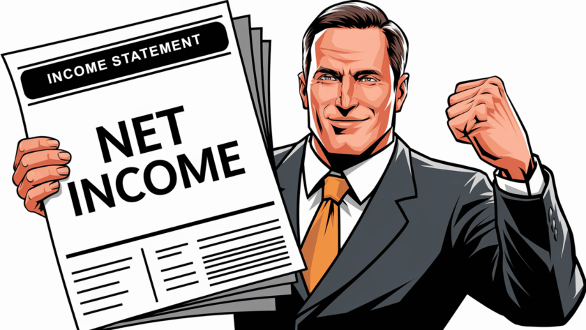 A successful entrepreneur holding an income statement.