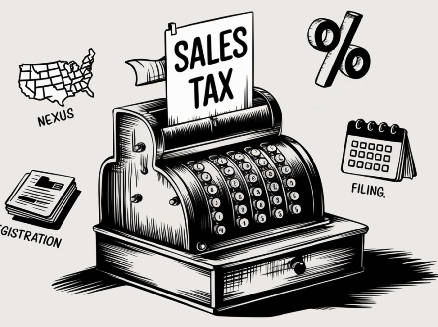 An ink drawing of a cash register with icons representing nexus, tax rates, registration, and filing.
