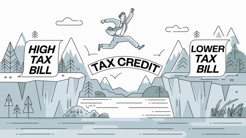 Line art of person leaping across a gap labeled "High Tax Bill" to "Lower Tax Bill" using a bridge labeled "Tax Credit".