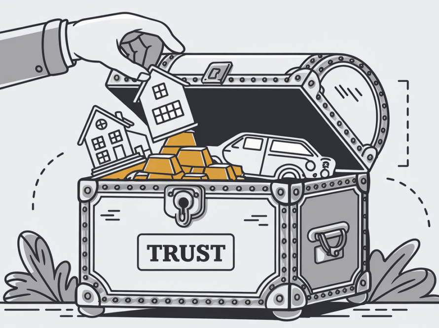 Line art drawing of assets being placed in a trust
