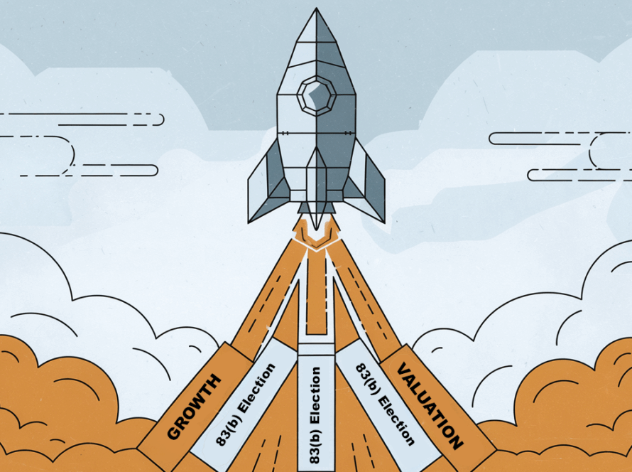 A rocket launching upwards, leaving a trail of "83(b) Election" blocks.