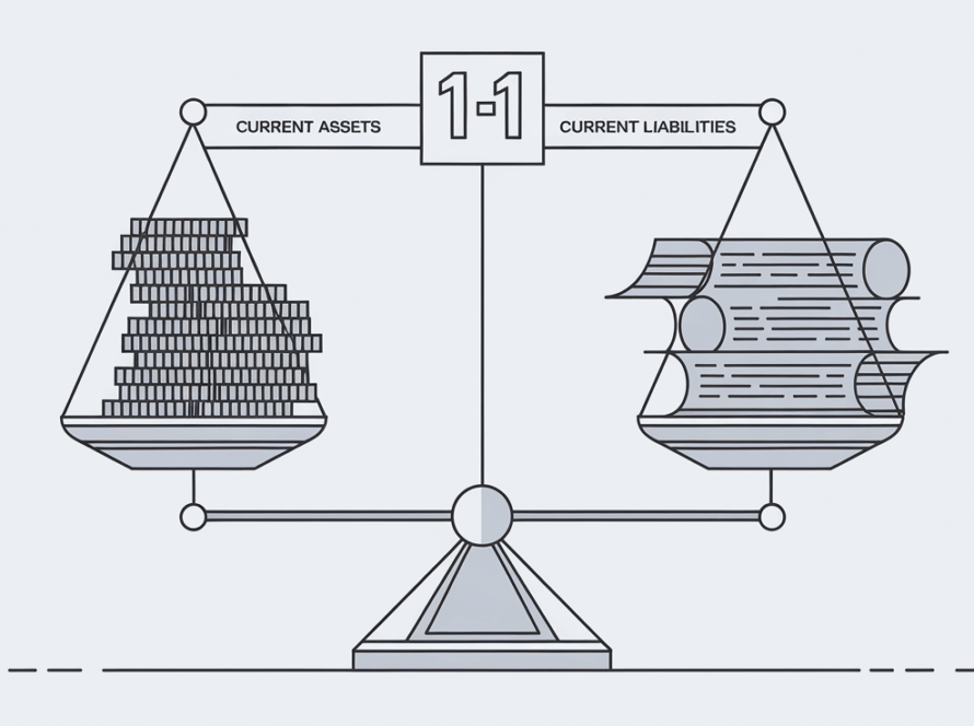 Vector line art of a balanced scale representing a current ratio of 1:1.