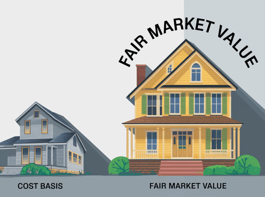 A house transforms from old to new, illustrating the stepped-up basis concept.