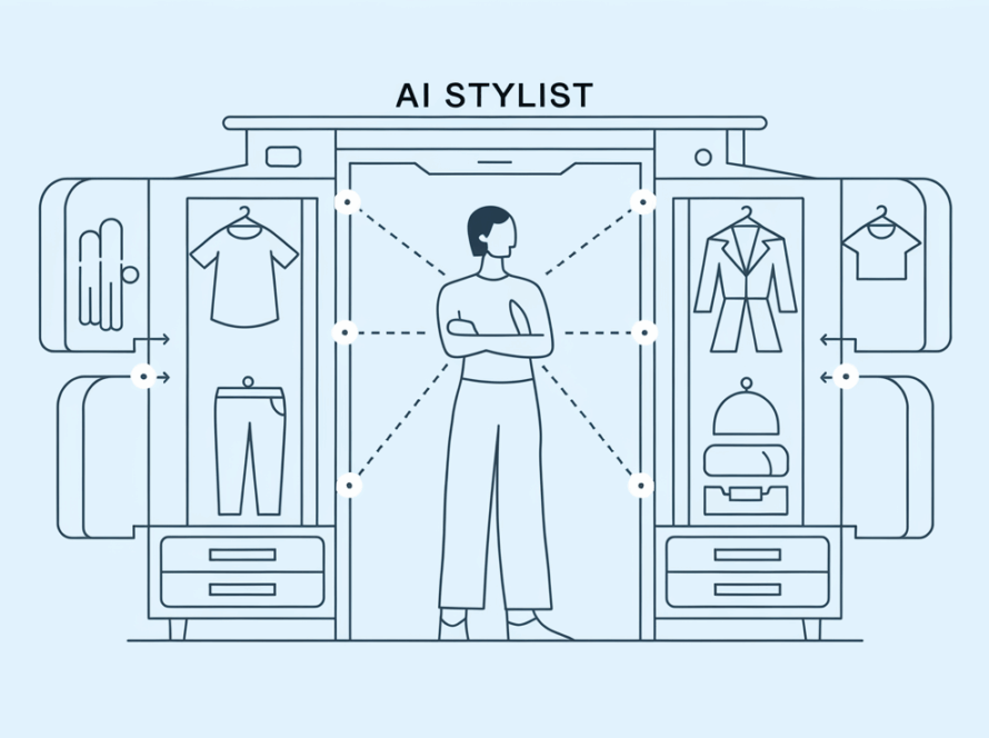 Line art of a person with a virtual wardrobe and 'AI Stylist' text