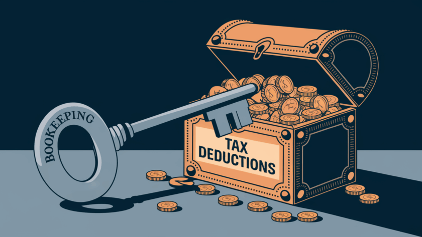Geometric vector line art of a key labeled "Bookkeeping" unlocking a treasure chest labeled "Tax Deductions," symbolizing the unlocking of hidden savings through proper bookkeeping.