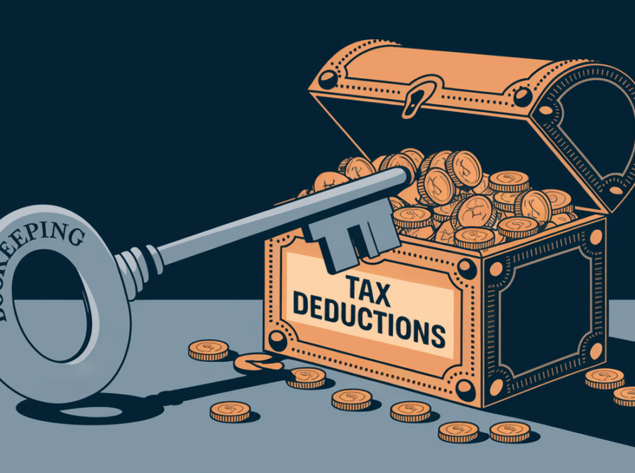 Geometric vector line art of a key labeled "Bookkeeping" unlocking a treasure chest labeled "Tax Deductions," symbolizing the unlocking of hidden savings through proper bookkeeping.