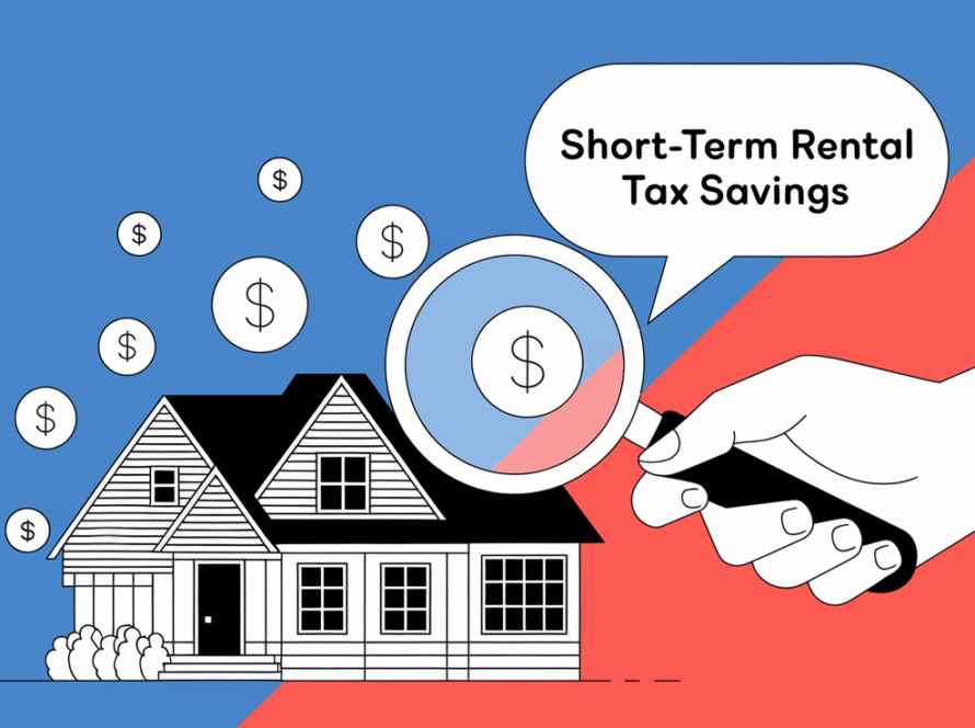 Line art graphic of a hand holding a magnifying glass over a house with dollar signs.