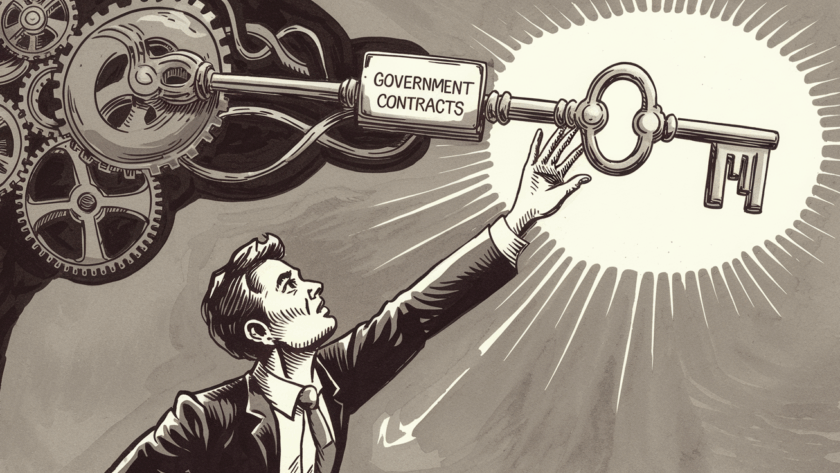 A small business owner reaching for a key labeled "Government Contracts."