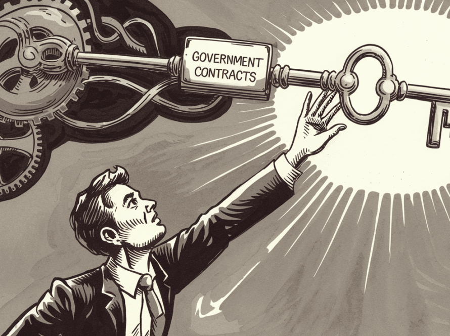 A small business owner reaching for a key labeled "Government Contracts."