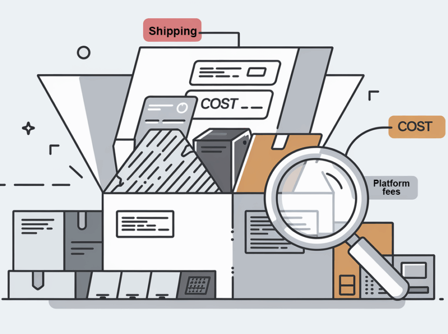 A magnifying glass inspecting the costs associated with an e-commerce shipping package
