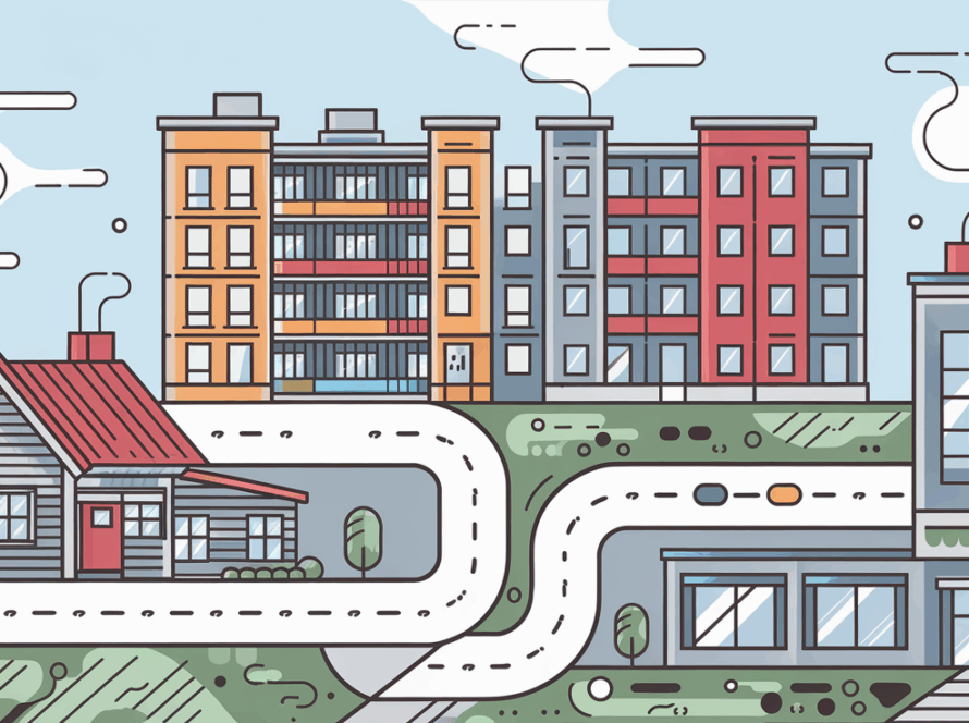 Line art of various building types connected by a road.