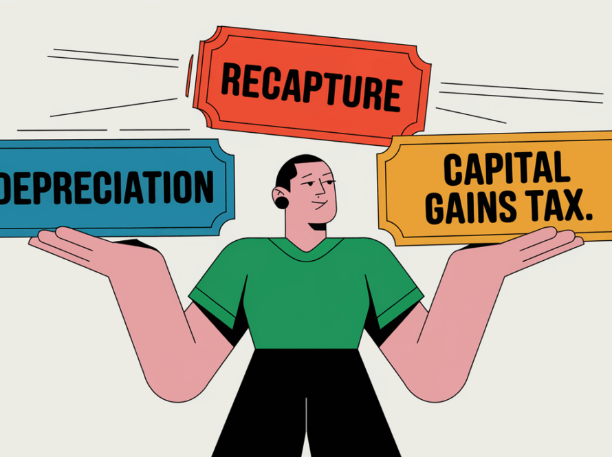 A person juggling "Depreciation," "Recapture," and "Capital Gains Tax."