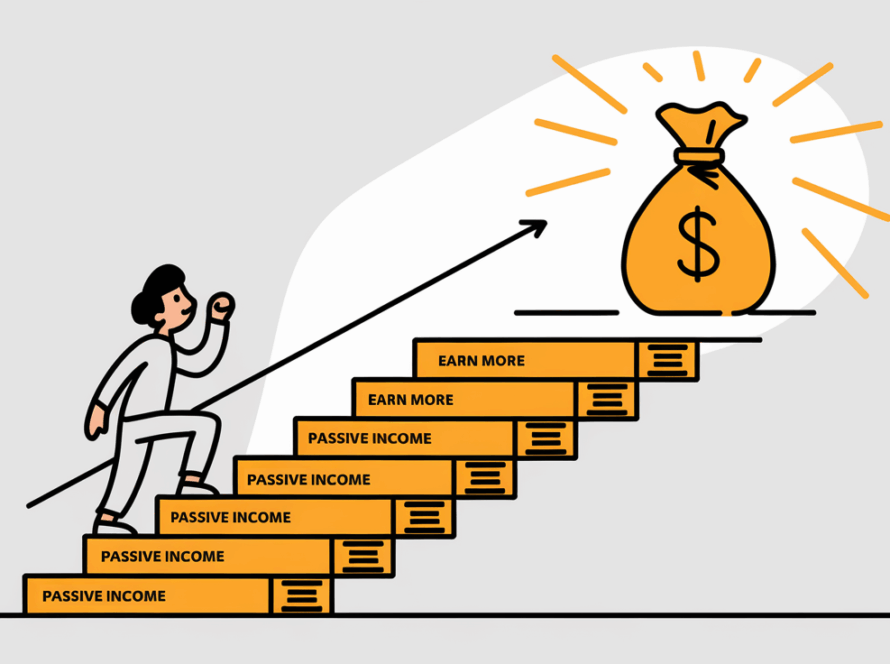 Line art drawing of a person climbing stairs made of money towards a bright light.