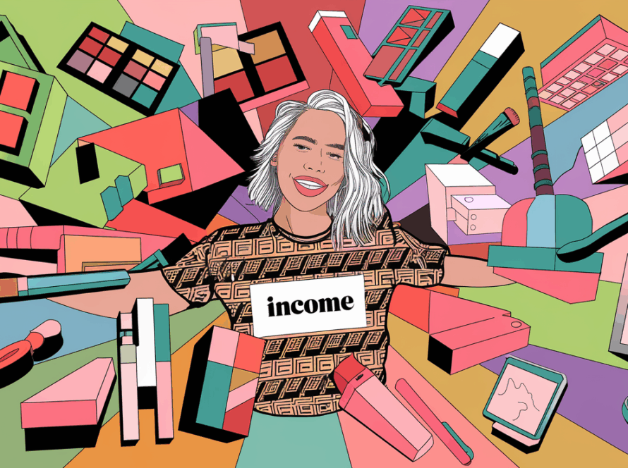 A vibrant block illustration showing an influencer surrounded by various freebie items, with the word "INCOME" subtly incorporated into the design.
