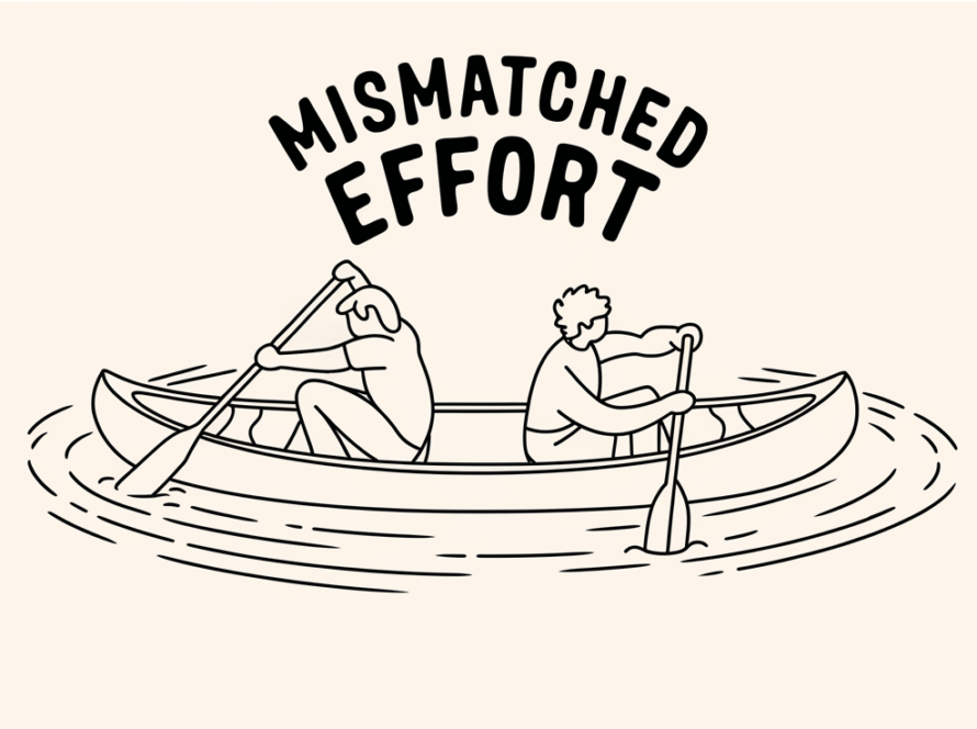 Line art drawing of two people paddling a canoe in opposite directions, going nowhere
