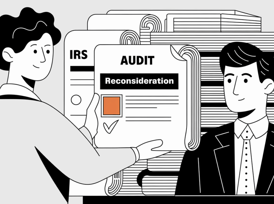 Line art of a person giving an "Audit Reconsideration" document to an IRS agent, with a stack of documents in the background.