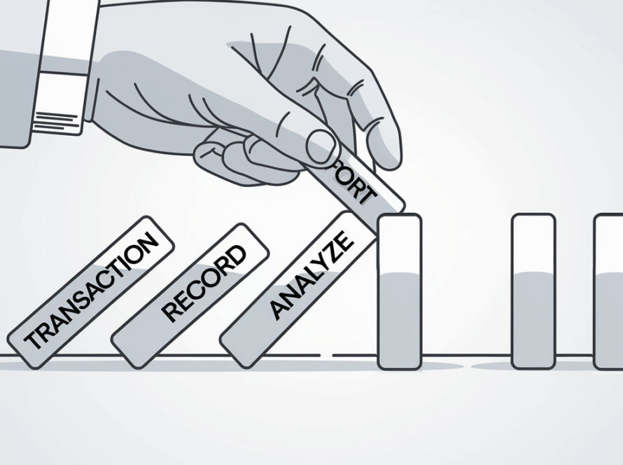 Line art drawing of dominos representing the bookkeeping process.