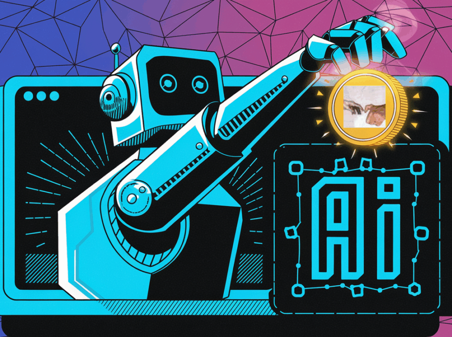 Block illustration of a robotic arm holding a GOAT meme coin, symbolizing AI's influence in the crypto world.