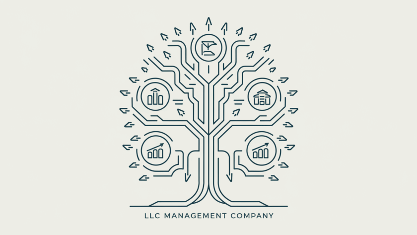 A stylized tree diagram in vector line art representing an LLC management company consolidating resources from multiple business entities.