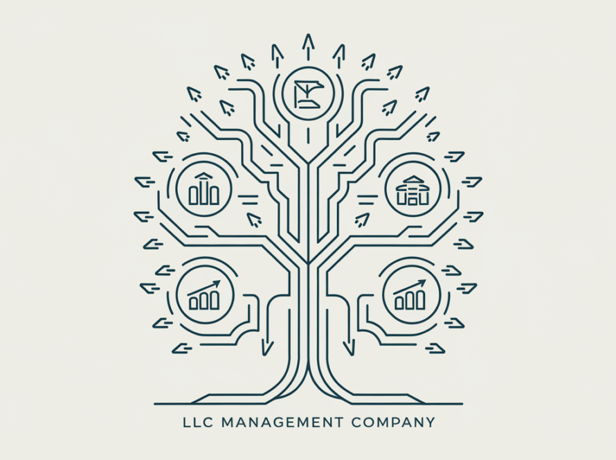 A stylized tree diagram in vector line art representing an LLC management company consolidating resources from multiple business entities.