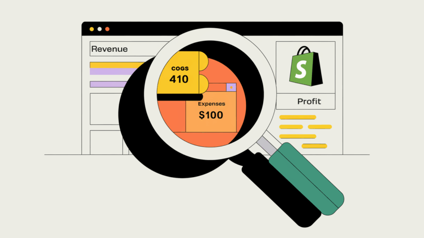 A magnifying glass examining financial data on a Shopify store interface.