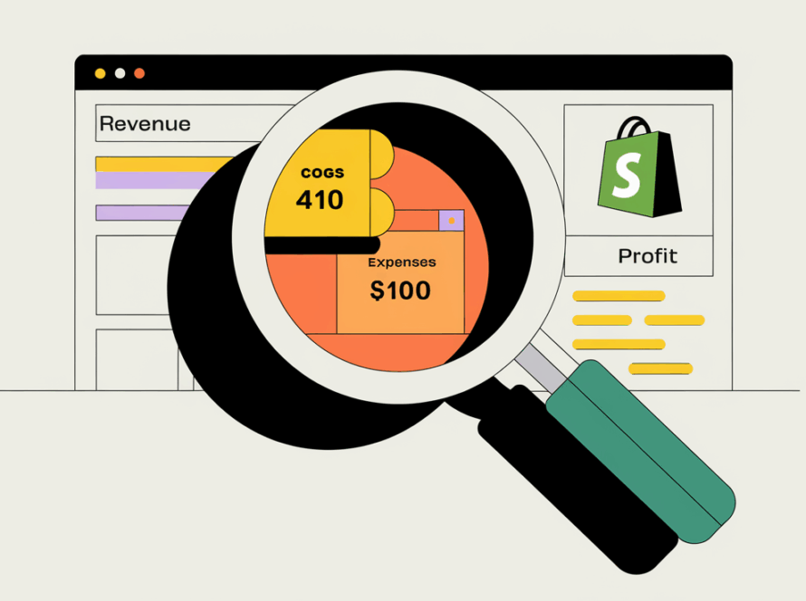 A magnifying glass examining financial data on a Shopify store interface.