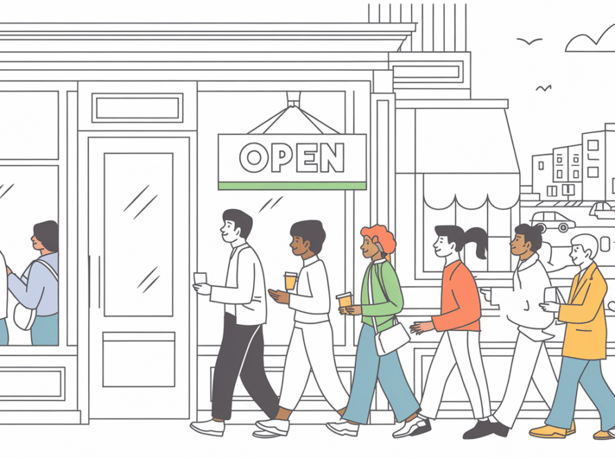 Vector line art of a busy coffee shop with customers entering.